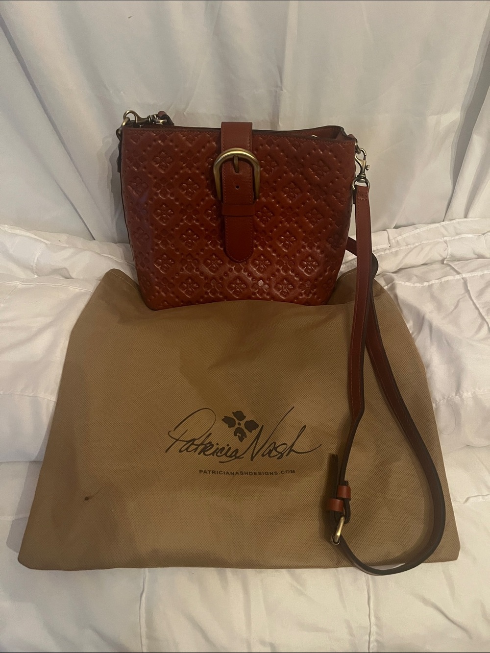 Patricia Nash Cognac Embossed Leather Crossbody with Buckle